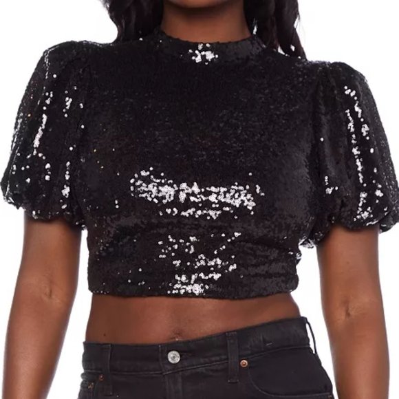 Alex & Sophia Junior Open Back Short Puff Sleeve Sequin Top Blouse Black Size Sm - Picture 1 of 9